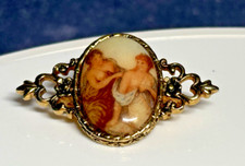 Vintage Brooch Limoges Style Porcelain Gold Tone Metal Cherub
