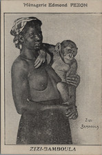 Human zoo, colonial exhibition, Paris, Edmond Pezon menagerie, woman with a monkey 