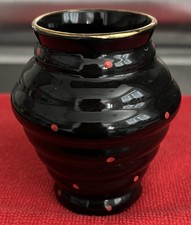 4” Kensington Ware Black Gloss Vase Red Dots Gold Edge Vintage Ex Condition