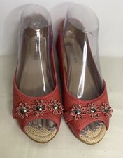 PAVERS Coral Red Peep Toe Faux Leather Wedge Shoes with Flower Detail UK Size 4