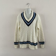 VINTAGE READERS CRICKET JUMPER - L - CREAM - CABLE KNIT RETRO GRANDAD