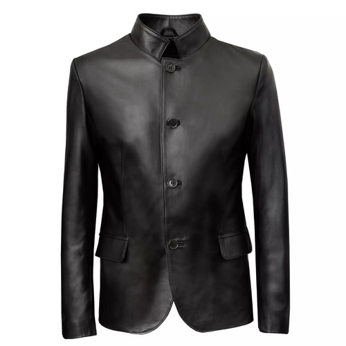 Men black leather shirt - black,