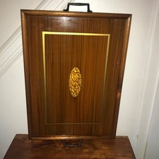 Vintage Inlaid Butlers Tray with Handles Tea Cocktails Wood with Glass Top