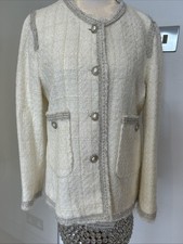 Zara Woman Ivory Tweed Jacket/Silver Thread Trim/Pearl Effect Buttons Size M