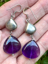 Vintage 925 Sterling Silver Amethyst Triangle Large Chunky Drop Earrings