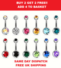 Belly Bar Surgical Steel Double Crystal Gem Navel Bar Button Ring Belly Bars UK