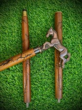 Antique Horse Head Styled Handle Solid Burned Carved Wooden Walking Stick /Cane