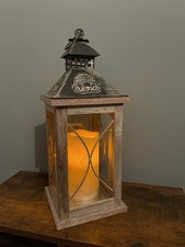 Wooden Rustic Metal Candle Lantern  16 Inches HT  With LED Candle