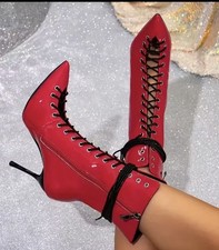 Erotica Red Patent Mid Calf Lace Up Side Zip Stiletto Boots Sz 10 shiny sexy 