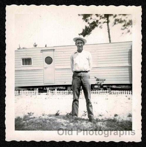Man white hat house trailer - man,