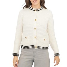 Womens M&S Gold Button Cardigan Classic Black Ivory Textured Crew Neck Tipped