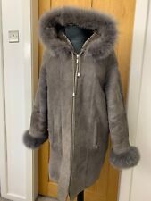 Hongta Red Tower real sheepskin shearling coat hood jacket Toscana fox fur UK12