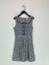 Little Mistress White Blue Animal Print Sleeveless Skater Dress Collar Size 10