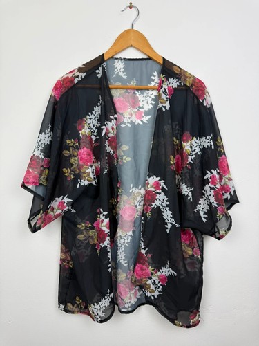 Floral black sheer kimono - floral,