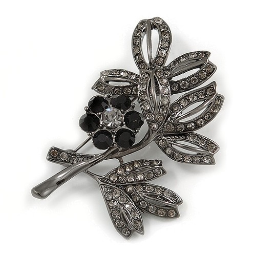 Black crystal floral - black, brooch