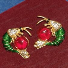 Vintage Art Deco Gold&Green TRIFARI Enamel Crystal Surrealist EARRINGS Red Glass