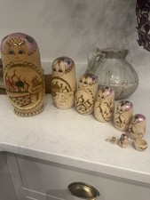 Russian Doll Set of 10. Burned Wood.  Had Painted. Very Large. 1 Piece Missing.