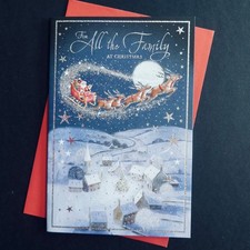 To All The Family Christmas Card 9"x6" Father Xmas Sledge Reindeer Night Friends