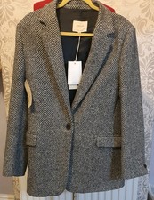 JIGSAW Wool Herringbone Black Langford Short  Coat Lanificio Paoletti Size 16