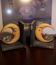 Vintage Hand-painted Celestial Moon And Bear Bookends Wooden