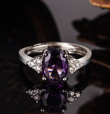 Adjustable Women Amethyst Cubic Zirconia Purple Dress 925 Sterling Silver Ring