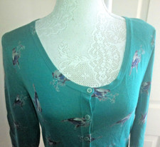 POEM BY OLIVER BONAS TURQUOISE GREEN BIRD PRINT CARDIGAN LARGE L  UK 14 GC