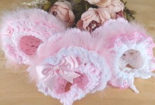 Baby Bonnet Hat Warm Hand Knitted Crochet Traditional Lace Marabou Flower Bows