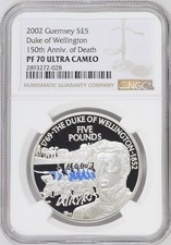 1/0 TOP POP 2002 Guernsey Silver £5 Duke Of Wellington Proof NGC PF 70