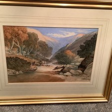 Watercolour , Valley Scene With With Fisherman In Foreground By Mytton?