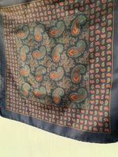 Vintage Blue Orange Green Paisley Floral Silk Scarf Pocket Square 13''x13''