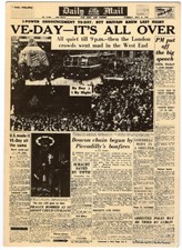 Modern repro postcard - Daily Mail front page "VE Day - It's All Over"