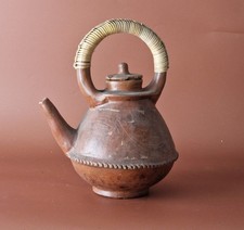 Vintage Sasak Pottery Earthenware Tea Pot with Wicker Handle Handmade Teapot