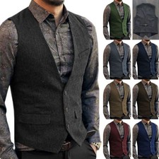 Mens Tweed Waistcoats Vintage Wedding Formal Party Herringbone Vests 44 46 48 UK