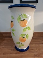 Large Ceramic Handpainted Floor Vase Feat. Oranges With Blue Trim