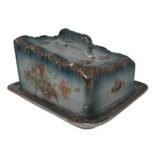 Victorian Floral Blue Gold Cheese Dish Set Gilded Cloche Ornate Preloved