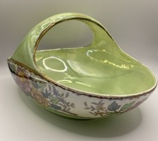 Maling Peony Rose Lustre Ware Bowl Basket Vintage Green Floral