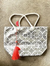 New Matalan silver and white zipped beach bag with orange tassel