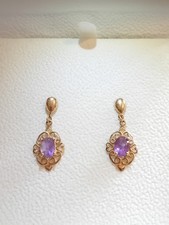 9ct gold Vintage : Amethyst Drop / Dangle earrings : Perfect Condition