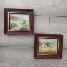 Beautiful Pair Small French Oil Paintings Very Old Scenic Rustic Hand Painted