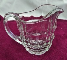 Milk/cream jug, clear pressed glass, Jacobean pattern, Art Deco vintage
