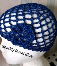ROYAL BLUE SPARKLY LUREX SKULL CAP HAT Crochet 1970s 20s Fancy Dress Party ABBA