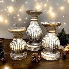 Set of 3 Wooden Vintage Style Candle Stands Pillar Holder 20 15 12cm
