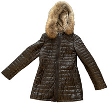 OAKWOOD Brown Leather Quilted Zipped Fur Trimmed Hooded Jacket-Thinsulate- Small