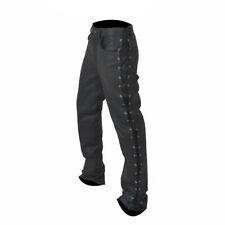 Mens Side Laced Jeans Real Soft Leather Black Pants Motorcycle Biker Trousers