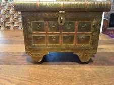 VINTAGE COPPER BRASS PLATED WOOD GYPSY WAGON JEWELRY CHEST - WOOD WHEELS