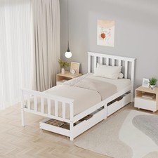 Wood Single Bed Frame with Pull Out Storage Drawers Kids Adults Small Home White