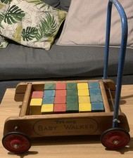 Original Vintage Retro 1960s Tri-ang  Push Along Wooden  Walker/Trolley & Bricks