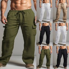 Men's Cotton Linen Cargo Pants Elasticated Waist Pockets Combat Trousers Size 46