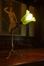 Vintage C-1890s W.A.S Benson Arts & Crafts lamp original Powell Vaseline shade