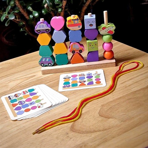 Wooden threaded beads - threaded, shapes